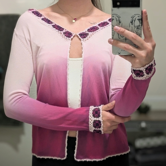 Vintage Pink And Purple Ombre Floral Crochet Knit Open Cardigan Cottagecore - Picture 3 of 11